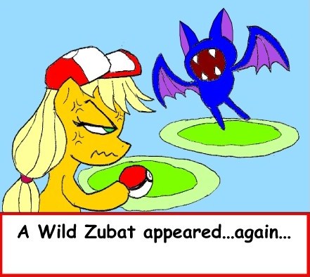 Size: 441x394 | Tagged: safe, artist:terry, derpibooru import, applejack, earth pony, pony, zubat, a wild pokémon appeared!, annoyed, crossover, female, flying type pokémon, goddamned bats, hilarious in hindsight, kanto pokémon, mare, poison type pokémon, pokéball, pokémon, pokémon battle, pokémon red and blue, wild pokémon