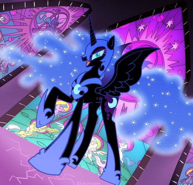 Size: 1000x962 | Tagged: safe, artist:celestialess, derpibooru import, nightmare moon, alicorn, pony, female, looking at you, mare, solo, spread wings, stained glass, wings