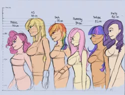 Size: 800x609 | Tagged: applejack, artist needed, bandeau, belly button, bra, breasts, bust chart, busty applejack, busty fluttershy, busty rarity, busty twilight sparkle, clothes, derpibooru import, female, females only, fluttershy, human, humanized, line-up, mane six, pinkie pie, rainbow dash, rarity, size chart, size comparison, suggestive, twilight sparkle, underwear