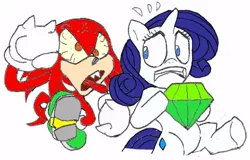 Size: 516x330 | Tagged: safe, artist:terry, derpibooru import, rarity, pony, unicorn, chaos emerald, crossover, derp, female, frown, gem, gritted teeth, hoof hold, knuckles the echidna, mare, open mouth, running, simple background, sitting, sonic the hedgehog (series), sweat, tongue out, white background, wide eyes