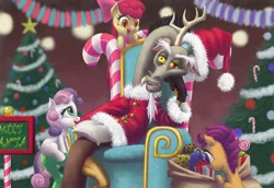 Size: 1250x862 | Tagged: safe, artist:dalapony, derpibooru import, apple bloom, discord, scootaloo, sweetie belle, earth pony, pegasus, pony, unicorn, candy bar, christmas, christmas tree, clothes, costume, cutie mark crusaders, female, filly, hat, present, santa claus, santa costume, santa hat, sitting, tree