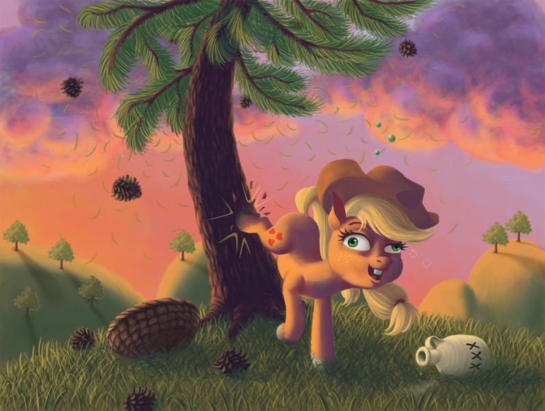 Size: 1200x904 | Tagged: safe, artist:dalapony, derpibooru import, applejack, earth pony, pony, basket, bucking, derp, drunk, drunk aj, female, mare, pine tree, pinecone, tree, who's a silly pony