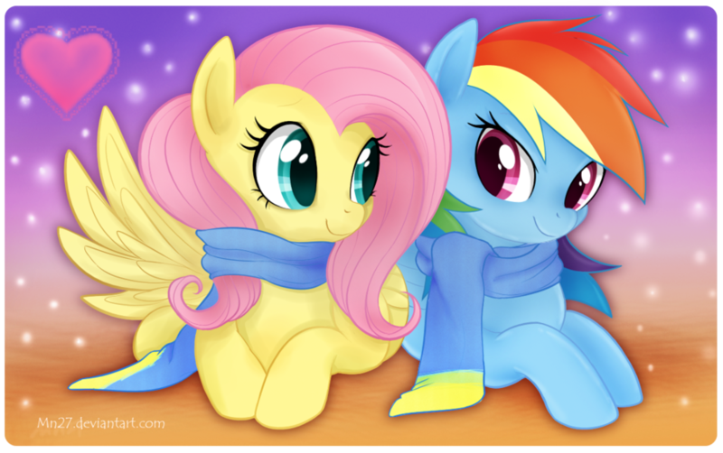 Size: 900x565 | Tagged: safe, artist:mn27, derpibooru import, fluttershy, rainbow dash, pegasus, pony, clothes, cuddling, cute, dashabetes, eye contact, female, flutterdash, heart, lesbian, looking at each other, mare, prone, scarf, shipping, shyabetes, smiling, snuggling, spread wings