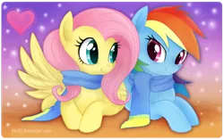 Size: 900x565 | Tagged: safe, artist:mn27, derpibooru import, fluttershy, rainbow dash, pegasus, pony, clothes, cuddling, cute, dashabetes, eye contact, female, flutterdash, heart, lesbian, looking at each other, mare, prone, scarf, shipping, shyabetes, smiling, snuggling, spread wings