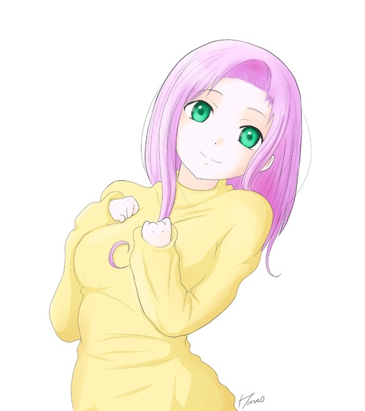 Size: 900x1015 | Tagged: artist:derpiihooves, clothes, derpibooru import, female, fluttershy, human, humanized, looking at you, safe, simple background, smiling, solo, sweater, sweatershy, white background