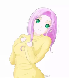 Size: 900x1015 | Tagged: artist:derpiihooves, clothes, derpibooru import, female, fluttershy, human, humanized, looking at you, safe, simple background, smiling, solo, sweater, sweatershy, white background