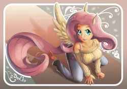 Size: 1024x715 | Tagged: artist:don-ko, breasts, busty fluttershy, clothes, derpibooru import, eared humanization, female, fluttershy, human, humanized, kneeling, safe, snowflake, solo, sweater, sweatershy, tailed humanization, winged humanization