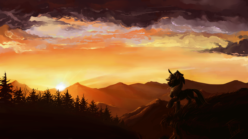 Size: 1920x1080 | Tagged: dead source, safe, artist:fiarel, derpibooru import, applejack, earth pony, pony, backlighting, female, mare, mountain, mountain range, scenery, solo, sunset, wallpaper