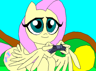 Size: 320x237 | Tagged: safe, artist:terry, derpibooru import, fluttershy, pegasus, pony, animated, blue background, controller, couch, cutie mark, female, gamershy, gaming, gif, mare, pillow, playing video games, prone, remote control, simple background, smiling, solo, video game, wat, wing hands