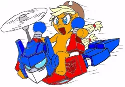 Size: 498x347 | Tagged: safe, artist:terry, derpibooru import, applejack, earth pony, pony, crossover, female, flying, mare, optimus prime, simple background, transformers, white background