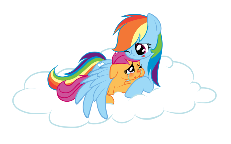 Size: 1300x813 | Tagged: dead source, safe, artist:candyandbiffle, derpibooru import, rainbow dash, scootaloo, pegasus, pony, blushing, cloud, comforting, crying, cute, cutie mark, duo, female, filly, floppy ears, foal, hooves, hug, love, lying on a cloud, mare, on a cloud, one eye closed, open mouth, prone, scootalove, simple background, transparent background, winghug, wings