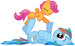 Size: 3142x1939 | Tagged: safe, artist:sharpieboss, derpibooru import, rainbow dash, scootaloo, pegasus, pony, cute, cutealoo, female, filly, mare, on back, playing, scootalove, simple background, transparent background