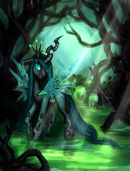 Size: 1354x1777 | Tagged: dead source, safe, artist:nyarmarr, derpibooru import, queen chrysalis, changeling, changeling queen, changeling egg, crepuscular rays, fangs, female, image, looking up, open mouth, png, solo, standing, swamp