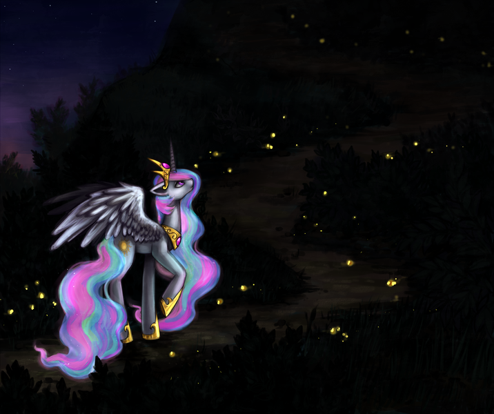 Size: 1800x1508 | Tagged: safe, artist:nyarmarr, derpibooru import, princess celestia, alicorn, firefly (insect), pony, female, mare, night, solo, walking