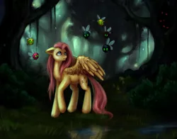 Size: 1277x1000 | Tagged: safe, artist:nyarmarr, derpibooru import, fluttershy, parasprite, pegasus, pony, everfree forest, eyes in the dark, female, floppy ears, forest, mare, water