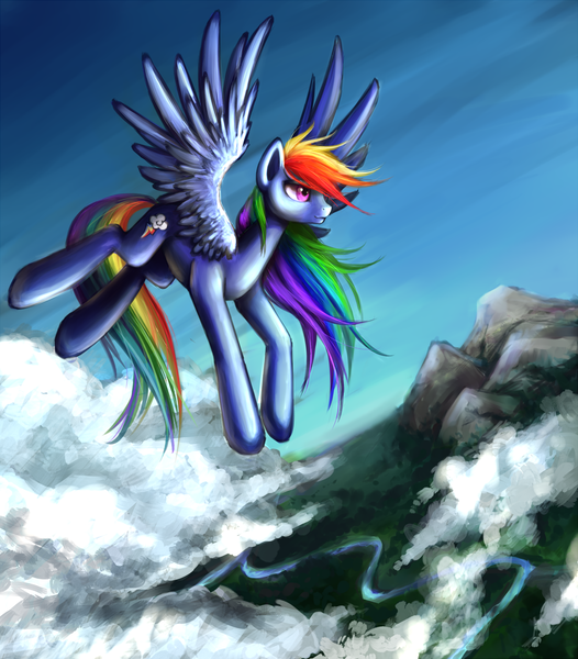 Size: 1578x1800 | Tagged: safe, artist:nyarmarr, derpibooru import, rainbow dash, pegasus, pony, cloud, female, flying, mare, mountain, river, solo, spread wings, wings