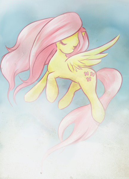 Size: 668x925 | Tagged: safe, artist:monochromaticbay, derpibooru import, fluttershy, pegasus, pony, eyes closed, female, flying, mare, solo