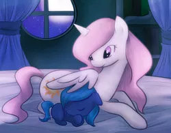 Size: 900x703 | Tagged: safe, artist:monochromaticbay, derpibooru import, princess celestia, princess luna, alicorn, pony, bed, cute, female, filly, night, prone, royal sisters, siblings, sisterly love, sisters, sleeping, window, wing blanket, woona