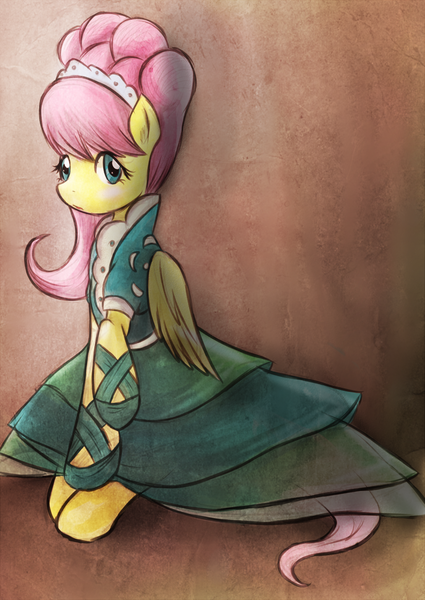 Size: 900x1271 | Tagged: safe, artist:monochromaticbay, derpibooru import, fluttershy, pegasus, pony, alternate hairstyle, clothes, cute, dress, female, mare, modelshy, shyabetes, solo
