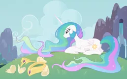 Size: 1440x900 | Tagged: dead source, safe, artist:kumkrum, derpibooru import, princess celestia, alicorn, pony, depressedia, female, floppy ears, lying, mare, missing accessory, prone, regalia, solo, tired