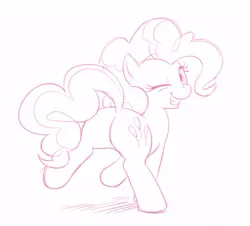 Size: 474x429 | Tagged: suggestive, artist:darkpandax, derpibooru import, pinkie pie, earth pony, pony, balloonbutt, female, mare, monochrome, one eye closed, plot, rear view, smiling, solo, solo female, wink