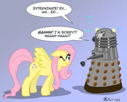 Size: 1000x800 | Tagged: safe, artist:the_gneech, derpibooru import, part of a set, fluttershy, pegasus, pony, adobe imageready, crossover, dalek, dialogue, doctor who, female, flutterbadass, gradient background, mare, spread wings, the stare, wings