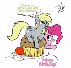 Size: 679x647 | Tagged: safe, artist:darkpandax, derpibooru import, derpy hooves, pinkie pie, earth pony, pegasus, pony, balloon, birthday, crying, eating, female, food, giant muffin, mare, muffin, party, tears of joy, that pony sure does love muffins