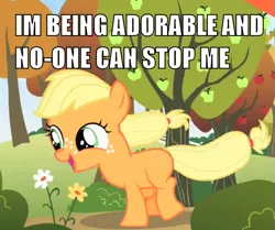 Size: 579x483 | Tagged: safe, derpibooru import, edit, edited screencap, screencap, applejack, earth pony, pony, the cutie mark chronicles, and nopony can stop me, apple, blank flank, caption, cute, female, filly, flower, food, happy, hat, image macro, jackabetes, mare, meme, open mouth, running, smiling, solo, text, windswept mane, younger