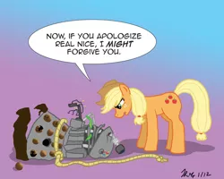 Size: 1000x800 | Tagged: safe, artist:the_gneech, derpibooru import, part of a set, applejack, earth pony, pony, adobe imageready, crossover, dalek, destroyed, dialogue, doctor who, female, gradient background, lasso, mare, rope