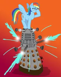 Size: 800x1000 | Tagged: safe, artist:the_gneech, derpibooru import, part of a set, rainbow dash, pegasus, pony, adobe imageready, crossover, dalek, doctor who, facehoof, female, gradient background, mare, smiling, spread wings, wings