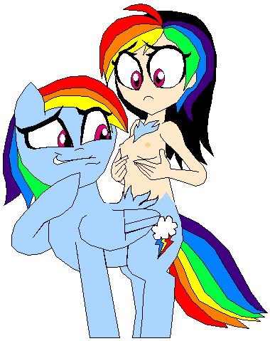 Size: 380x479 | Tagged: artist:terry, breasts, conjoined, delicious flat chest, derpibooru import, female, human paradox, nipples, nuckelavee, nudity, ponytaur, questionable, rainbow dash, rainbow flat, simple background, solo, solo female, white background