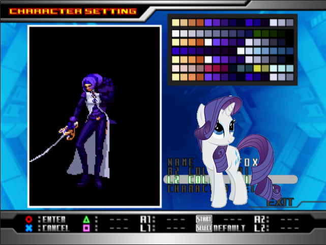 Size: 641x482 | Tagged: safe, artist:fallen nightingale, color edit, derpibooru import, rarity, pony, unicorn, crossover, female, foxy (king of fighters), king of fighters, mare, sword, weapon