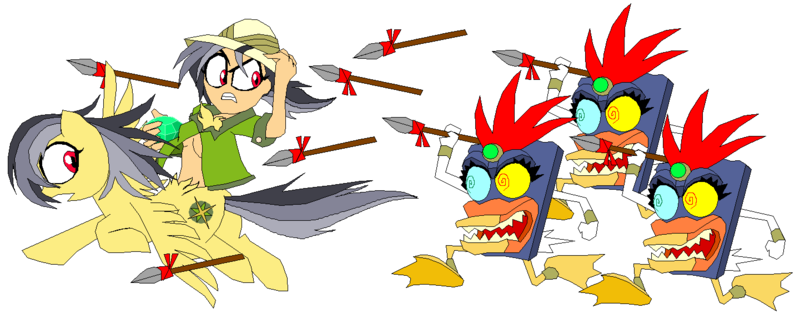 Size: 1441x566 | Tagged: artist:terry, breasts, conjoined, conjoined twins, daring do, derpibooru import, duck, duckmen, female, gem, human, humanized, human ponidox, nuckelavee, ponytaur, running, safe, simple background, spear, white background