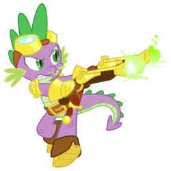 Size: 1700x1700 | Tagged: armor, artist:equestria-prevails, belt, clothes, derpibooru import, dragon, dual wield, goggles, gun, male, pistol, safe, shoes, simple background, solo, spike, steampunk, sword, transparent background, vector, weapon