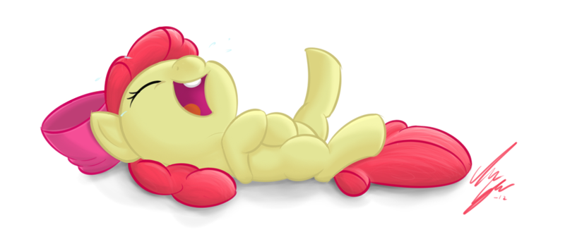 Size: 953x400 | Tagged: safe, artist:sameasusual, derpibooru import, apple bloom, earth pony, pony, adorabloom, bow, cute, female, filly, hair bow, laughing, on back, solo