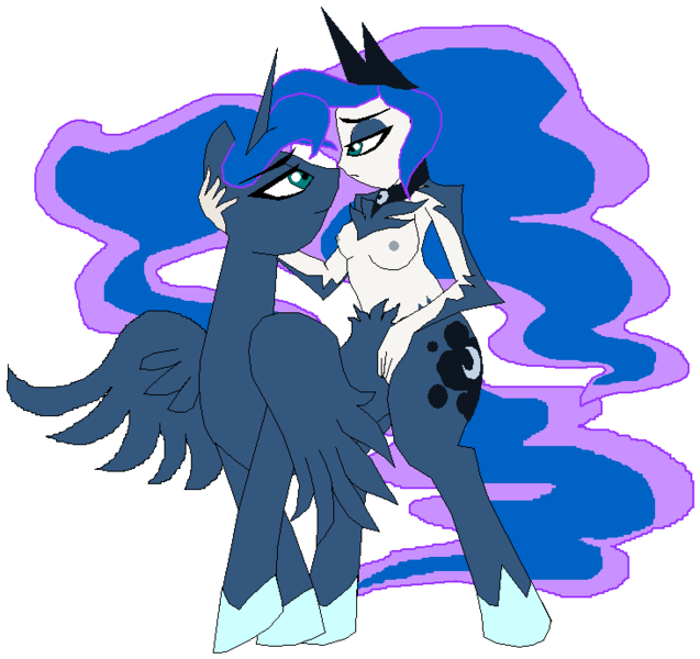 Size: 733x690 | Tagged: artist:terry, bedroom eyes, breasts, busty princess luna, centaur, chest fluff, derpibooru import, eye contact, eyeshadow, female, human paradox, looking at each other, makeup, nipples, nuckelavee, nudity, ponytaur, princess luna, questionable, selfcest, self ponidox, shipping, simple background, smiling, solo, solo female, wat, white background