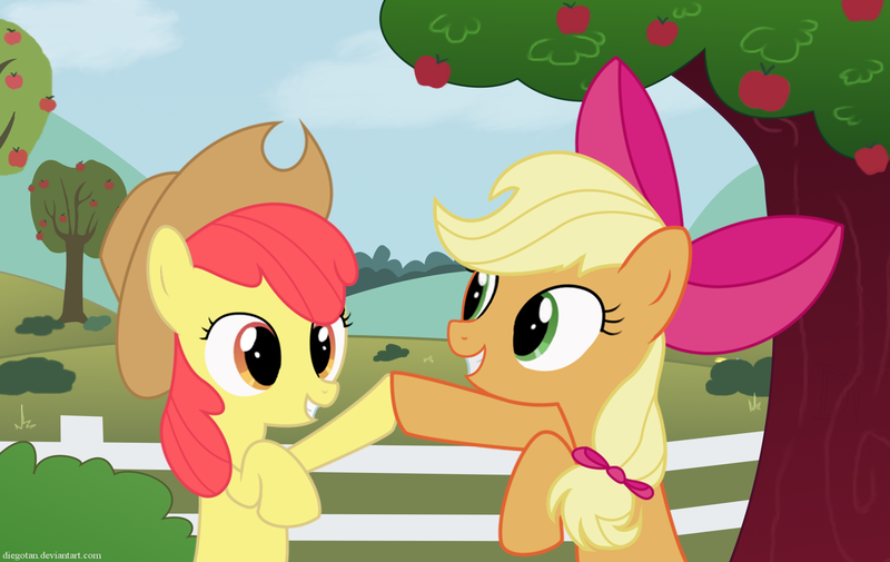 Size: 1900x1200 | Tagged: safe, artist:diegotan, derpibooru import, apple bloom, applejack, earth pony, pony, accessory swap, adorabloom, apple sisters, applebetes, bipedal, bow, cowboy hat, cute, duo, female, filly, foal, get, grin, hair bow, hat, hoofbump, hooves together, jackabetes, mare, pattycakes, raised hoof, siblings, sisters, smiling, squee, stetson, wallpaper