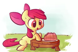 Size: 688x464 | Tagged: dead source, safe, artist:briskby, artist:rustydooks, derpibooru import, apple bloom, earth pony, pony, female, filly, jello, sitting, solo, table