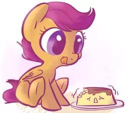 Size: 426x386 | Tagged: safe, artist:briskby, artist:rustydooks, derpibooru import, scootaloo, pegasus, pony, cute, cutealoo, female, filly, flan, food, licking, licking lips, plate, pudding, sitting, solo, tongue out