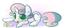 Size: 697x322 | Tagged: dead source, safe, artist:briskby, artist:rustydooks, derpibooru import, sweetie belle, pony, unicorn, female, filly, messy eating, prone, pudding, solo, tongue out