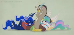 Size: 1100x530 | Tagged: safe, artist:celestiathegreatest, derpibooru import, discord, princess celestia, princess luna, alicorn, draconequus, pony, angry, coils, discord being discord, female, hape, hoof shoes, mare, pinned, pinned down, royal sisters, sisters, spread wings, struggling, trio, wings