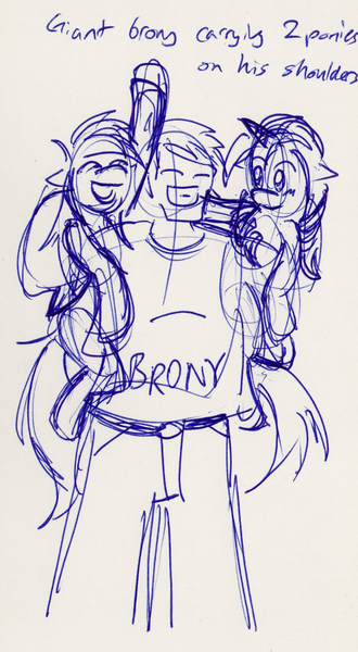 Size: 562x1023 | Tagged: safe, artist:aceofscarabs, derpibooru import, oc, unofficial characters only, human, pegasus, pony, unicorn, brony, brony stereotype, carrying, monochrome, shoulder ride, sketch, traditional art