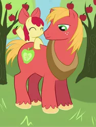 Size: 3240x4320 | Tagged: safe, artist:hana7, derpibooru import, apple bloom, big macintosh, earth pony, pony, apple, bow, brother and sister, eyes closed, female, filly, food, freckles, grass, hair bow, male, sky, smiling, stallion, tree
