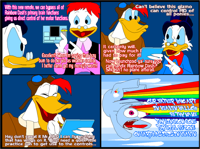 Size: 1157x863 | Tagged: safe, artist:terry, derpibooru import, rainbow dash, pegasus, pony, comic, controller, crossover, disney, duck tales, female, gyro gearloose, launchpad mcquack, mare, scrooge mcduck