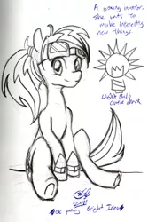 Size: 683x1024 | Tagged: safe, artist:aceofscarabs, derpibooru import, oc, oc:bright idea, unofficial characters only, earth pony, pony, female, goggles, mare, sitting, solo, traditional art, underhoof