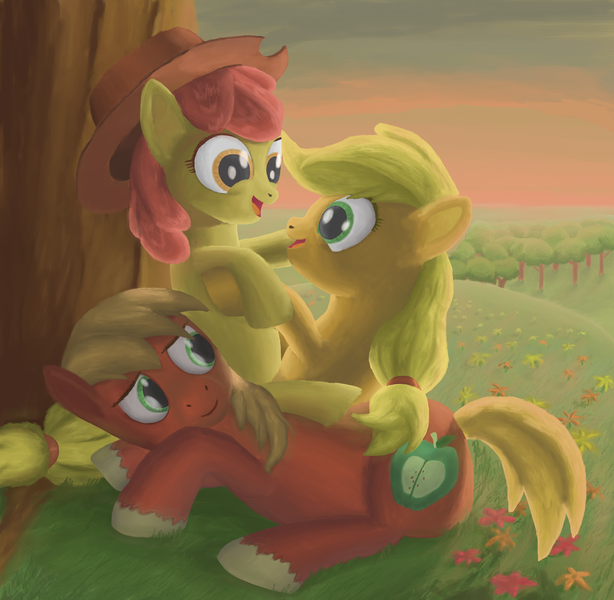 Size: 1024x1000 | Tagged: safe, artist:morevespenegas, derpibooru import, apple bloom, applejack, big macintosh, earth pony, pony, accessory swap, apple siblings, apple sisters, female, filly, foal, hat, male, mare, siblings, sisters, stallion, tree, trio