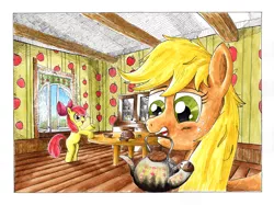 Size: 4674x3498 | Tagged: safe, artist:mcstalins, derpibooru import, apple bloom, applejack, earth pony, pony, apple sisters, duo, female, filly, foal, mare, morning ponies, mouth hold, siblings, sisters, table, teapot, traditional art