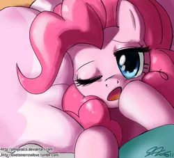 Size: 780x707 | Tagged: safe, artist:johnjoseco, derpibooru import, pinkie pie, earth pony, pony, adobe imageready, cute, diapinkes, female, looking at you, mare, morning ponies, one eye closed, solo, yawn