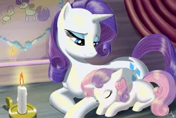 Size: 900x600 | Tagged: safe, artist:laxia, derpibooru import, rarity, sweetie belle, pony, unicorn, candle, female, filly, mare, prone, sleeping