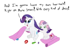 Size: 900x617 | Tagged: dead source, safe, artist:scootscoots, derpibooru import, rarity, sweetie belle, pony, unicorn, baby, baby belle, baby pony, chewing, dialogue, eating, filly, foal, mane chewing, nom, simple background, transparent background, younger